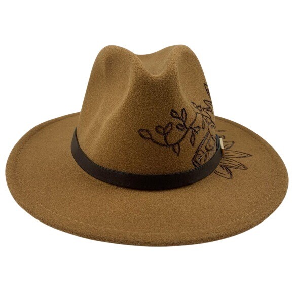 Fedora Hat Burned Sunflower Design Tan Wide-Brimmed Poly/Wool Blend‎ One Size - Picture 3 of 11